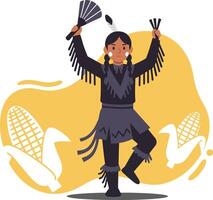 Native American Dancer in Traditional Dress with Feathers and Corn Illustration in Black and Yellow Background vector