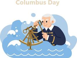 Christopher Columbus using sextant on ocean waves for Columbus Day celebration illustration vector