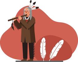 Native American elder playing traditional flute with feathers in hair and background illustration vector