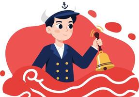 Sailor ringing ship bell with navy uniform and captain hat in maritime nautical setting illustration vector