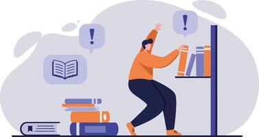 Person Searching for Books on Shelf with Question Symbols and Open Book Illustration in Learning Concept vector