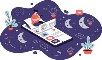 Digital communication with person using smartphone social media interface and night theme elements vector