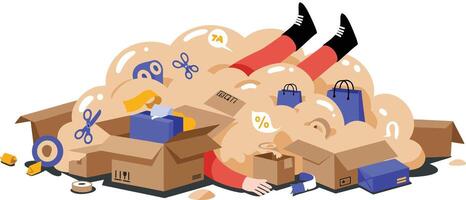 Person buried under pile of cardboard boxes and packing materials in cluttered chaotic storage scene vector