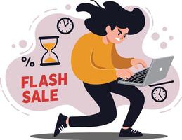 Person Using Laptop Searching Flash Sale Online with Hourglass and Clock Icons Illustration vector