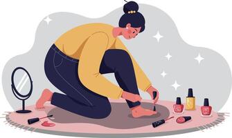 Woman sitting on floor putting on high heels with makeup items around in cozy scene illustration vector