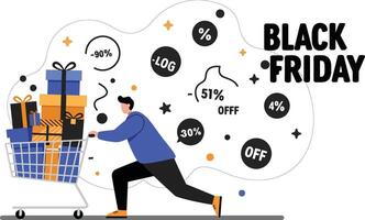 Black Friday shopping man pushing cart full of gift boxes with discount signs illustration vector
