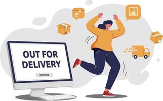Online order delivery concept with happy person and computer screen showing out for delivery message in modern illustration vector