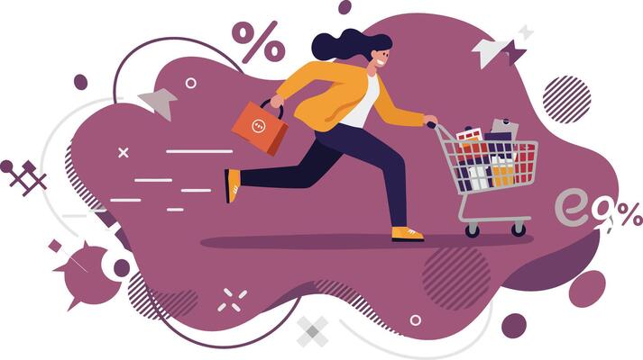 Woman rushing with shopping cart full of groceries in purple and yellow tones illustration