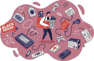Electronic gadgets and Black Friday shopping illustration with handheld devices and controller in flat style vector