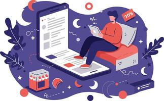 Person Using Laptop for Online Communication in Purple and Red Workspace Illustration vector