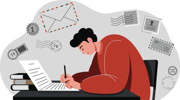 Man writing letter at desk surrounded by envelopes and stamps in illustration vector