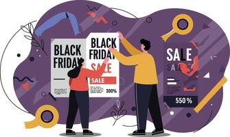 Black Friday sale shopping concept with customers looking at discount posters illustration vector