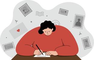 Person writing letter surrounded by stamps and envelopes in creative communication concept illustration vector