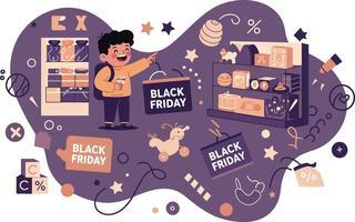 Black Friday shopping concept with happy shopper and discount signs in purple theme illustration vector