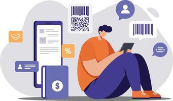 Man using tablet for digital payment and barcode scanning with smartphone and financial icons illustration vector