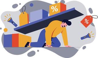 Man crawling under shelf with discount tags and megaphones in colorful modern style illustration vector