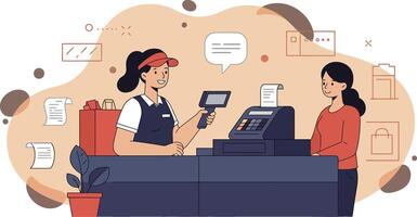 Retail cashier scanning items at checkout counter with customer purchasing goods in store illustration vector