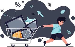Child pushing shopping cart with digital devices and percentage signs in modern illustration style vector
