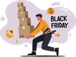 Man carrying stack of cardboard boxes with black friday discount sale illustration in dynamic pose vector