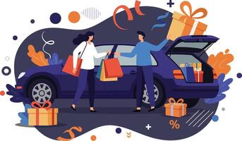 People unloading gifts from car trunk for celebration or shopping activity in autumn colors illustration vector
