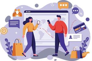Online shopping interaction with customers using mobile payment and chat communication illustration vector
