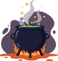 Witch Cauldron with Magical Potion and Steam Rising Illustration in Dark Purple and Green Colors vector