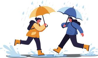 People holding colorful umbrellas running through rain puddles in rainy weather illustration vector