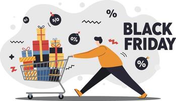 Black Friday shopping man pushing cart full of gifts with discounts and percent signs illustration vector