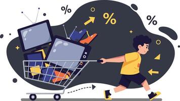 Child pushing shopping cart with electronic devices and percent signs in business concept illustration vector