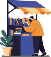 Person reading books at market stall with orange and blue canopy in lifestyle scene illustration vector