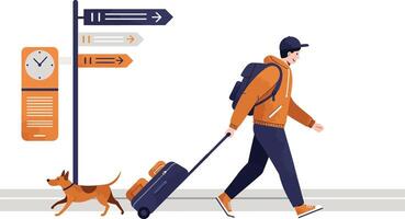 Man walking with suitcase and dog near signpost and clock in urban setting travel concept illustration vector