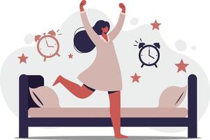 Woman waking up happily stretching arms in bedroom with bed and clocks in morning routine illustration vector