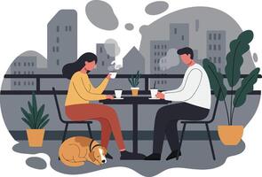 Couple enjoying coffee break on balcony with cityscape background and sleeping dog illustration vector