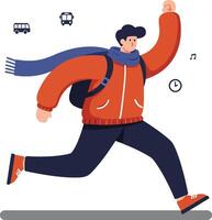 Man running with scarf and jacket in cold weather urban environment illustration vector
