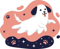 Cute playful white puppy dog with black ears and paw prints illustration in cartoon style vector
