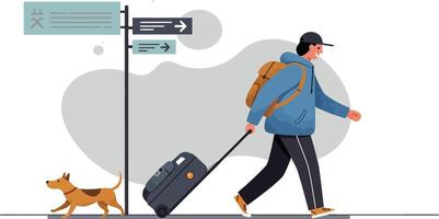 Man walking with dog and pulling suitcase near directional signpost in urban setting illustration vector