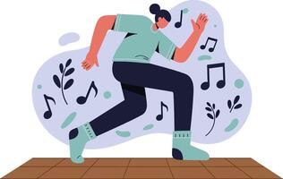 Person dancing energetically with music notes and plants in abstract background illustration vector