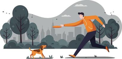 Man playing fetch with dog in city park with trees and urban skyline background illustration vector