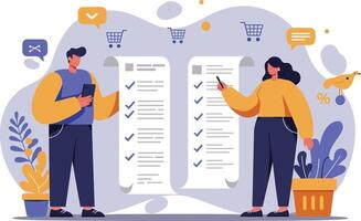 Two people comparing checklists for online shopping with digital communication and plants illustration vector