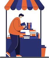 Man browsing books at outdoor market stall with orange and blue canopy illustration vector
