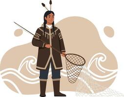 Indigenous man in traditional clothing fishing with net and spear standing by water illustration vector