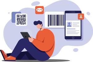 Young man using tablet with digital ID card barcode and QR code icons technology concept illustration vector