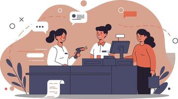 Customer service interaction with cashier and client at counter in retail store environment vector