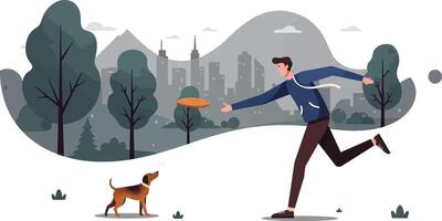 Man playing frisbee with dog in park with city skyline background illustration vector