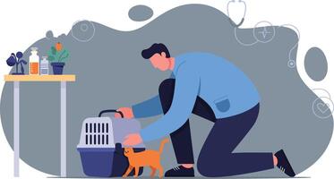 Man Preparing Pet Carrier for Cat Before Travel or Vet Visit in Home Setting with Plants and Medicine on Table vector