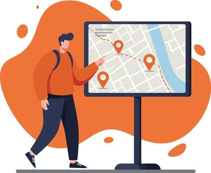 Man exploring city map with location markers on digital display urban navigation concept illustration vector