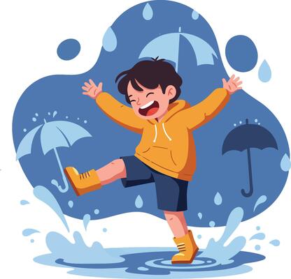 Child Playing in Rain Splashing Water with Umbrella Silhouettes Illustration