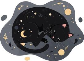 Black Cat Sleeping Surrounded by Stars and Planets in Space-Themed Illustration vector