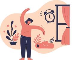Person stretching in the morning after waking up near window with alarm clock and plants illustration vector