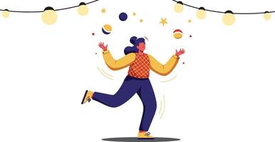 Woman juggling balls under string lights in festive scene with vibrant colours and dynamic pose vector